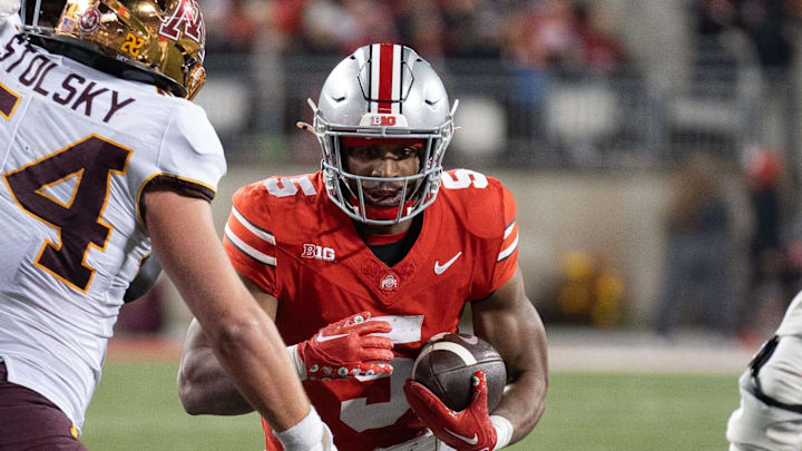 Nov 18, 2023; Columbus, Ohio, USA; 
Ohio State Buckeyes running back Dallan Hayden (5) attempts to