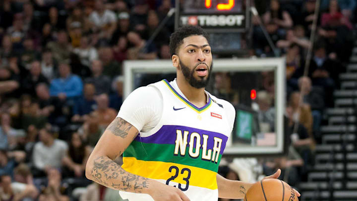 Mar 4, 2019; Salt Lake City, UT, USA; New Orleans Pelicans forward Anthony Davis (23) dribbles the ball during the first half against the Utah Jazz at Vivint Smart Home Arena. Mandatory Credit: Russ Isabella-Imagn Images Mar 4, 2019; Salt Lake City, UT, USA; New Orleans Pelicans forward Anthony Davis (23) dribbles the ball during the first half against the Utah Jazz at Vivint Smart Home Arena. Mandatory Credit: Russ Isabella-Imagn Images