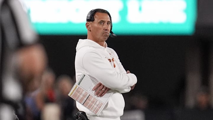 Texas Longhorns head coach Steve Sarkisian looks on in the first half against the Georgia Bulldogs at Sanford Stadium.