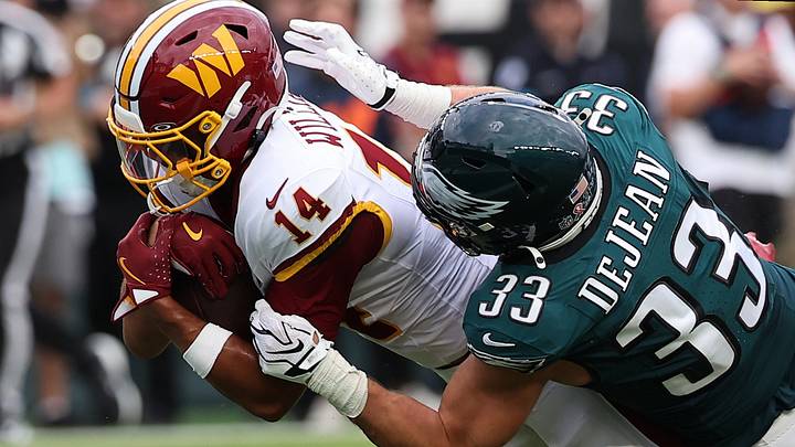 Sep 13, 2026; Philadelphia, Pennsylvania, USA; Washington Commanders wide receiver Antonio Williams (14) carries the ball against Philadelphia Eagles defensive back Cooper DeJean (33) during the first half at Lincoln Financial Field. Mandatory Credit: Bill Streicher-Imagn Images Sep 13, 2026; Philadelphia, Pennsylvania, USA; Washington Commanders wide receiver Antonio Williams (14) carries the ball against Philadelphia Eagles defensive back Cooper DeJean (33) during the first half at Lincoln Financial Field. Mandatory Credit: Bill Streicher-Imagn Images