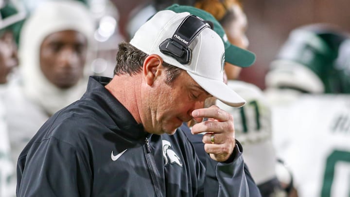 Michigan State head coach Jonathan Smith looks downward during the Spartans' game against USC on Sept. 20, 2025.