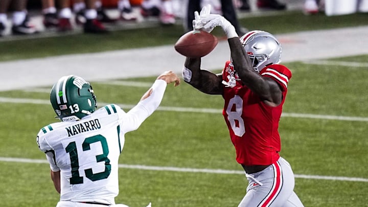 Ohio State Buckeyes linebacker Arvell Reese (8) blocks a pass by Ohio Bobcats quarterback Parker Navarro (13) in the second half at the Ohio Stadium on Saturday, Sept. 13, 2025 in Columbus, Ohio.