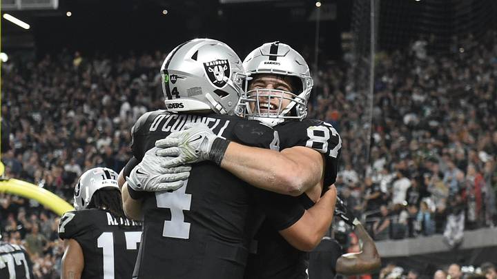 Nov 12, 2023; Paradise, Nevada, USA; Las Vegas Raiders tight end Michael Mayer (87) celebrates his fourth-quarter touchdown with quarterback Aidan O'Connell (4) against the New York Jets at Allegiant Stadium. Mandatory Credit: Candice Ward-USA TODAY Sports Nov 12, 2023; Paradise, Nevada, USA; Las Vegas Raiders tight end Michael Mayer (87) celebrates his fourth-quarter touchdown with quarterback Aidan O'Connell (4) against the New York Jets at Allegiant Stadium. Mandatory Credit: Candice Ward-USA TODAY Sports