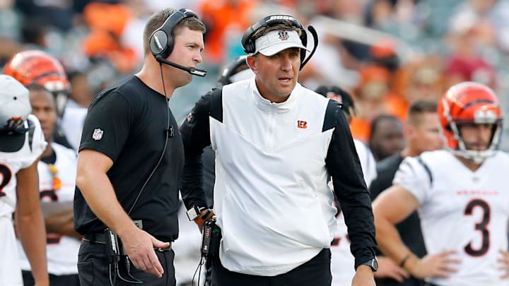 Cincinnati Bengals head coach Zac Taylor talks with defensive coordinator Lou Anarumo in the fourth quarter of the NFL Preseason Week 3 game between the Cincinnati Bengals and the Miami Dolphins at Paul Brown Stadium in downtown Cincinnati on Sunday, Aug. 29, 2021. The Dolphins made a long touchdown drive in the fourth quarter to win 29-26.

Miami Dolphins At Cincinnati Bengals Preseason