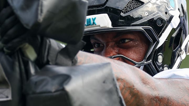 Jul 26, 2024; Jacksonville, FL, USA; Jacksonville Jaguars defensive tackle Maason Smith (94) participates in training camp at Miller Electric Center. Mandatory Credit: Nathan Ray Seebeck-Imagn Images