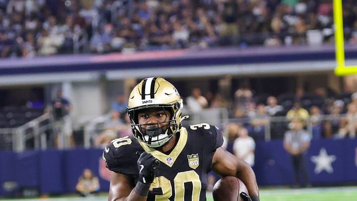 Aug 28, 2026; Arlington, Texas, USA;  New Orleans Saints running back Audric Estime (30) runs with the ball during the first half against the Dallas Cowboys at AT&T Stadium. Mandatory Credit: Kevin Jairaj-Imagn Images