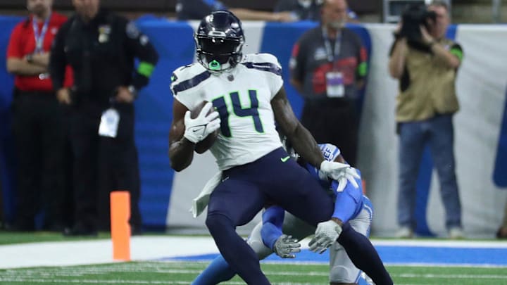 Seattle Seahawks wide receiver DK Metcalf makes a catch against Detroit Lions cornerback Jerry Jacobs during the first half at Ford Field, Sunday, Sept. 17, 2023. Seattle Seahawks wide receiver DK Metcalf makes a catch against Detroit Lions cornerback Jerry Jacobs during the first half at Ford Field, Sunday, Sept. 17, 2023.