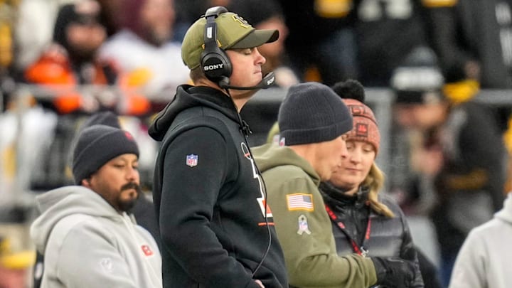 Cincinnati Bengals head coach Zac Taylor reacts after a Steelers touchdown in the fourth quarter of the NFL Week 11 game between the Pittsburgh Steelers and the Cincinnati Bengals at Acrisure Stadium in Pittsburgh on Sunday, Nov. 16, 2025. The Bengals lost 34-12.