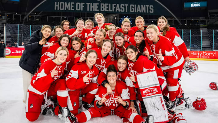 Boston University celebrates winning the first Friendship Series women's tournament, 3-2 over Harvard in Northern Ireland. Boston University celebrates winning the first Friendship Series women's tournament, 3-2 over Harvard in Northern Ireland.