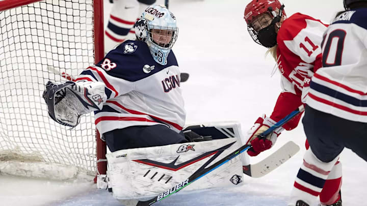 Connecticut goaltender Tia Chan is a finalist for both the Patty Kazmaier Memorial Award and Goaltender of the Year in women's hockey.
