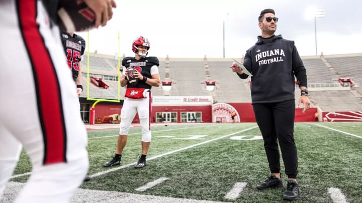 Tino Sunseri coaches the Indiana quarterbacks at Memorial Stadium.