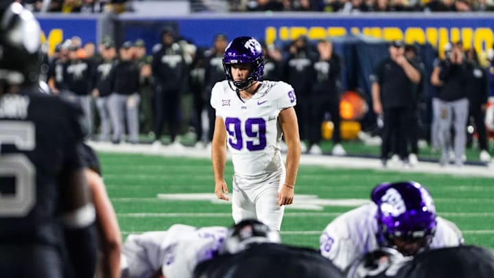 Nate McCashland (99) prepares to kick a field goal against the West Virginia Mountaineers Oct. 25, 2025, at Milan Puskar Stadium in Morgantown, W.Va. / TCU Athletics