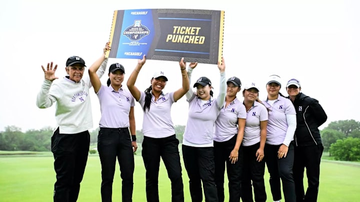 The Northwestern Wildcats celebrate after punching their ticket to the NCAA Women's Golf Championship Finals during the NCAA Norman Regional in Norman, Oklahoma on May 6, 2025.