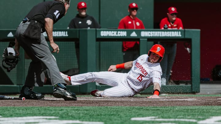 NC State catcher Drew Lanphere slides into home during the Wolfpack's 12-5 loss to Boston College on Saturday, March 14, 2026. NC State catcher Drew Lanphere slides into home during the Wolfpack's 12-5 loss to Boston College on Saturday, March 14, 2026.