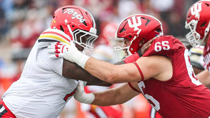 Indiana tackle Carter Smith blocks a Maryland defender during a September 2024 game at Memorial Stadium.