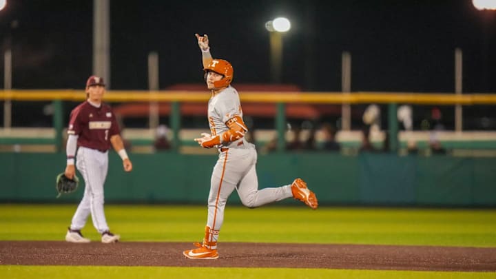 Texas junior first baseman Casey Borba celebrates a home run against the Texas State Bobcats on Mar. 11, 2026, at Bobcat Ballpark in San Marcos, Texas. 