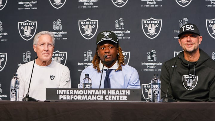 Pete Carroll, Ashton Jeanty, John Spytek Las Vegas Raiders Pete Carroll, Ashton Jeanty, John Spytek Las Vegas Raiders