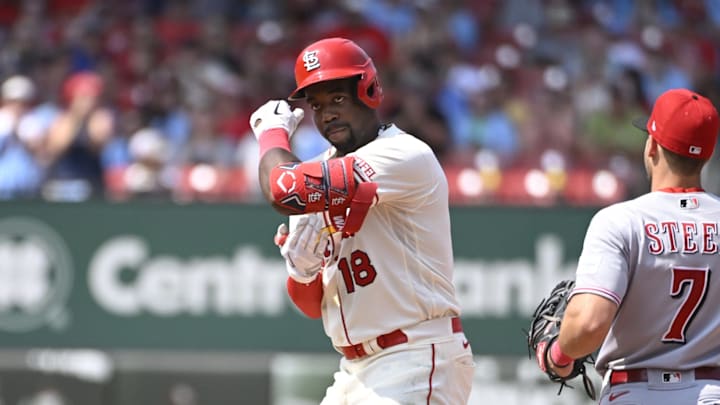 Jun 10, 2023; St. Louis, Missouri, USA; St. Louis Cardinals left fielder Jordan Walker (18) reacts