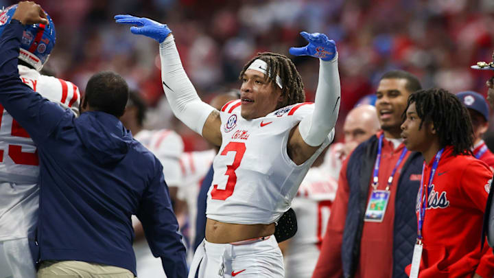 Dec 30, 2023; Atlanta, GA, USA; Mississippi Rebels safety Daijahn Anthony (3) reacts on the sideline