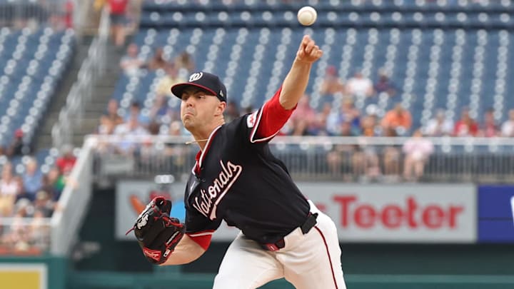 Aug 5, 2025; Washington, District of Columbia, USA; Washington Nationals starting pitcher MacKenzie Gore (1) pitches against the Athletics during the second inning at Nationals Park. 