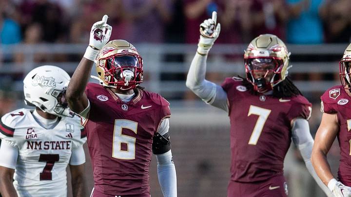 Florida State Seminoles defensive back Ja'bril Rawls (6) and Florida State Seminoles defensive back Ashlynd Barker (7) wag their fingers after [reventing a pass from being completed. The Florida State Seminoles defeated the New Mexico State Aggies 34-17 at Doak Campbell Stadium on Saturday, Aug. 29, 2026.