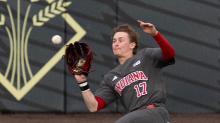 Indiana’s Caleb Koskie makes a diving catch against Oregon at PK Park in Eugene March 13, 2026. Indiana’s Caleb Koskie makes a diving catch against Oregon at PK Park in Eugene March 13, 2026.