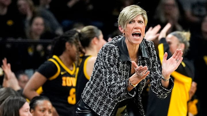 Iowa head coach Jan Jensen reacts during a basketball game against the Oregon Ducks Jan. 15, 2026 at Carver-Hawkeye Arena in Iowa City, Iowa. Iowa head coach Jan Jensen reacts during a basketball game against the Oregon Ducks Jan. 15, 2026 at Carver-Hawkeye Arena in Iowa City, Iowa.