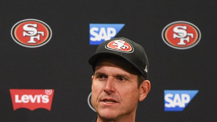 December 28, 2014; Santa Clara, CA, USA; San Francisco 49ers head coach Jim Harbaugh addresses the media in a press conference after the game against the Arizona Cardinals at Levi's Stadium. The 49ers defeated the Cardinals 20-17. Mandatory Credit: Kyle Terada-USA TODAY Sports