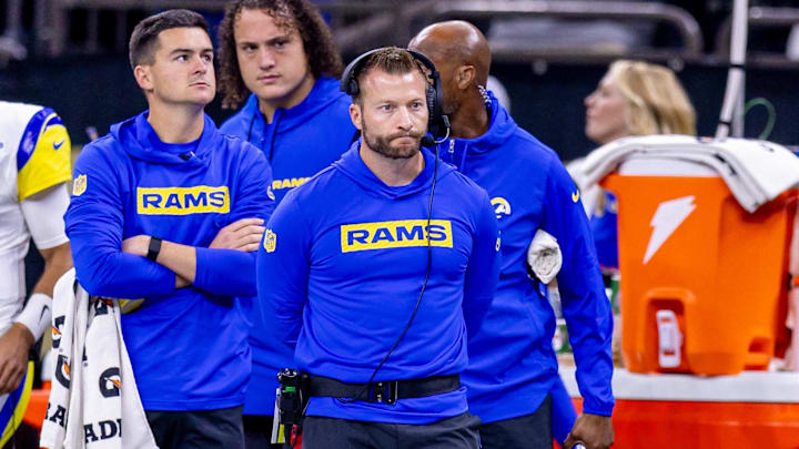 Dec 1, 2024; New Orleans, Louisiana, USA;  Los Angeles Rams head coach Sean McVay looks on against the New Orleans Saints during the first half at Caesars Superdome. Mandatory Credit: Stephen Lew-Imagn Images