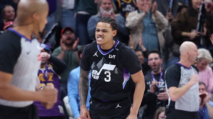 Jan 20, 2026; Salt Lake City, Utah, USA; Utah Jazz guard Keyonte George (3) reacts after making a three point basket against the Minnesota Timberwolves during the second half at Delta Center. Mandatory Credit: Rob Gray-Imagn Images Jan 20, 2026; Salt Lake City, Utah, USA; Utah Jazz guard Keyonte George (3) reacts after making a three point basket against the Minnesota Timberwolves during the second half at Delta Center. Mandatory Credit: Rob Gray-Imagn Images