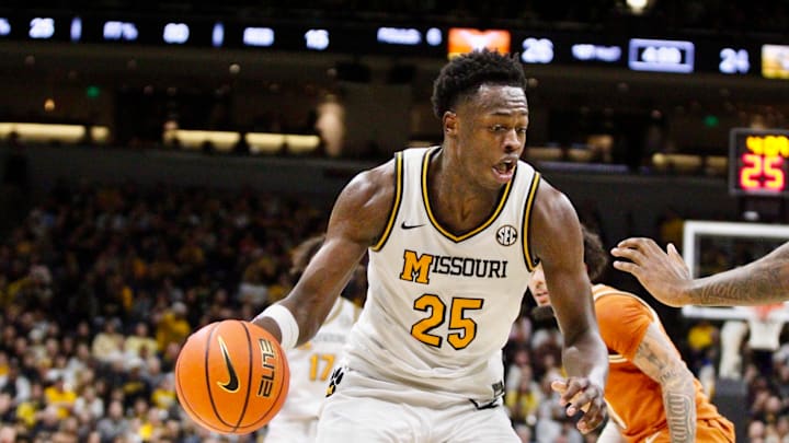 Mizzou Arena, February 14, 2026. Mizzou Guard Mark Mitchell drives in the paint against Texas