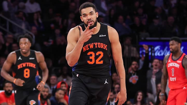 Mar 24, 2026; New York, New York, USA;  New York Knicks center Karl-Anthony Towns (32) gestures after scoring in the third quarter against the New Orleans Pelicans at Madison Square Garden. Mandatory Credit: Wendell Cruz-Imagn Images