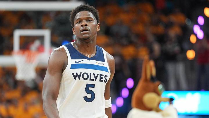 May 4, 2026; San Antonio, Texas, USA; Minnesota Timberwolves guard Anthony Edwards (5) walks up the court in the first half against the San Antonio Spurs during Game 1 of the second round of the 2026 NBA Playoffs at Frost Bank Center.