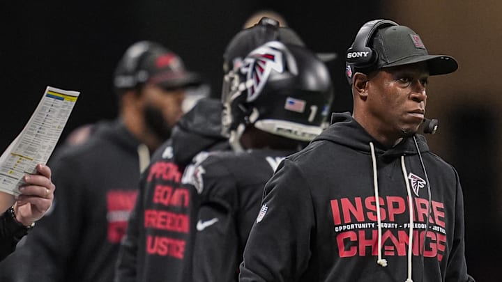 Jan 4, 2026; Atlanta, Georgia, USA; Atlanta Falcons head coach Raheem Morris on the sideline during the game against the New Orleans Saints during the second half at Mercedes-Benz Stadium. Mandatory Credit: Dale Zanine-Imagn Images