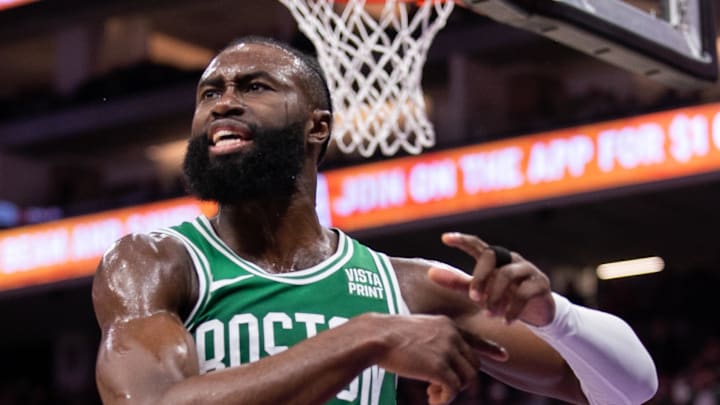 Dec 20, 2023; Sacramento, California, USA; Boston Celtics guard Jaylen Brown (7) reacts after monster dunk