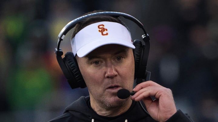 Southern California coach Lincoln Riley looks for answers against Oregon during the second half touchdown Nov. 22, 2025.
