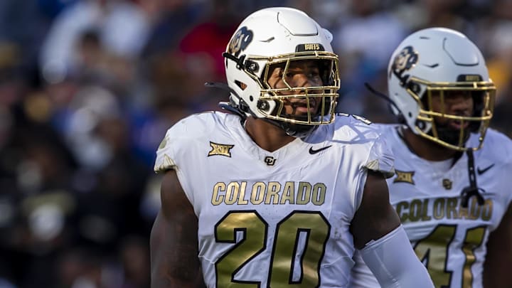 Nov 23, 2024; Kansas City, Missouri, USA;  Colorado linebacker LaVonta Bentley (20) during gets set at his position during the 1st quarter between the Kansas Jayhawks and the Colorado Buffaloes at GEHA Field at Arrowhead Stadium. Mandatory Credit: Nick Tre. Smith-Imagn Images