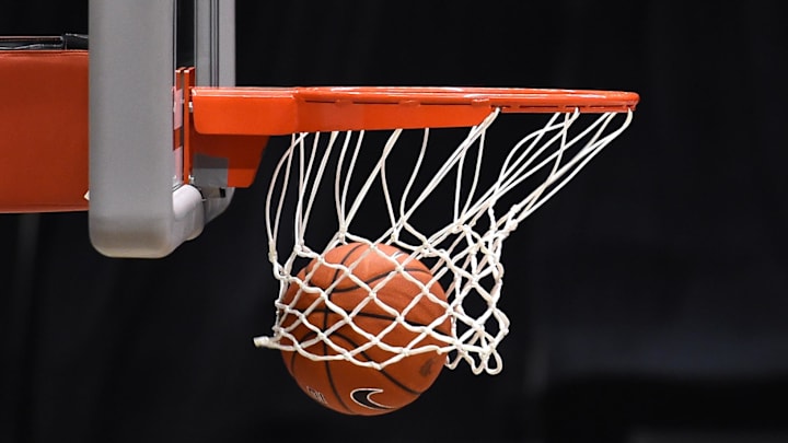 Feb 20, 2021; Pullman, Washington, USA; A ball drops through the net during the Stanford Cardinal at Washington State Cougars men   s basketball game in the first half at Friel Court at Beasley Coliseum. Mandatory Credit: James Snook-Imagn Images