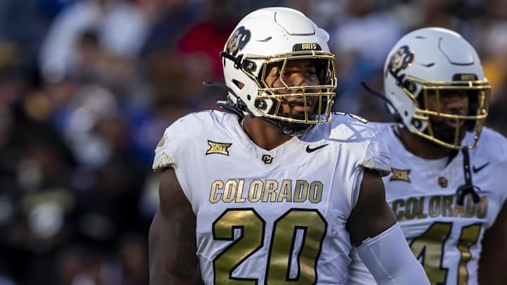 Nov 23, 2024; Kansas City, Missouri, USA;  Colorado linebacker LaVonta Bentley (20) during gets set at his position during the 1st quarter between the Kansas Jayhawks and the Colorado Buffaloes at GEHA Field at Arrowhead Stadium. Mandatory Credit: Nick Tre. Smith-Imagn Images