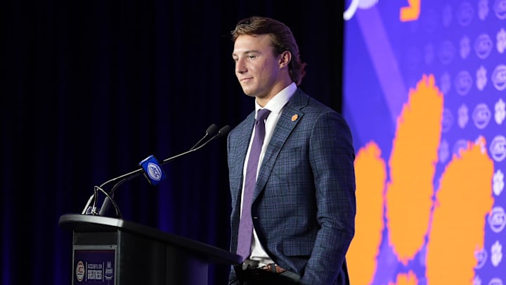 Jul 24, 2025; Charlotte, NC, USA;  Clemson quarterback Cade Klubnik answers questions from the media during ACC Media Days at Hilton Charlotte Uptown. Mandatory Credit: Jim Dedmon-Imagn Images