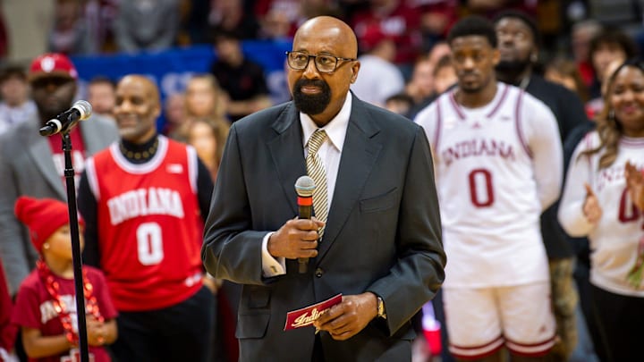 Indiana Head Coach Mike Woodson smiles during Senior Day festivities after the second half of the Indiana versus Michigan State men's basketball game at Simon Skjodt Assembly Hall on Sunday, March 10, 2024.