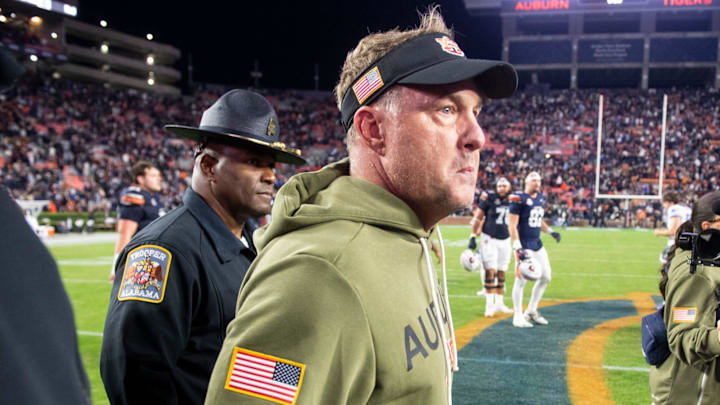 Auburn Tigers head coach Hugh Freeze walks the field after Auburn Tigers take on Kentucky Wildcats at Jordan-Hare Stadium in Auburn, Ala. on Saturday, Nov. 1, 2025. Kentucky Wildcats defeated Auburn Tigers 10-3.