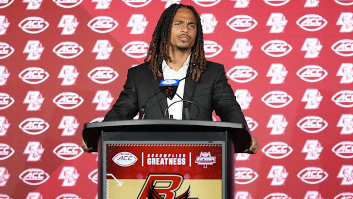 Jul 24, 2025; Charlotte, NC, USA; Boston College wide receiver Lewis Bond answers questions from the media during ACC Media Days at Hilton Charlotte Uptown. Mandatory Credit: Jim Dedmon-Imagn Images