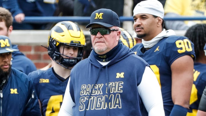 Blue Team head coach Wink Martindale watches a play during the second half of the spring game at Michigan Stadium in Ann Arbor on Saturday, April 20, 2024.