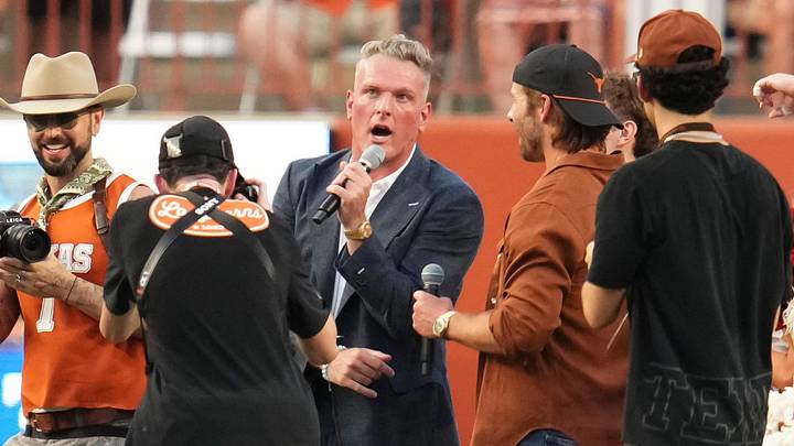 Pat McAfee talks to Glen Powell during the NCAA football game between the Texas Longhorns and the Ohio State Buckeyes at Darrell K Royal–Texas Memorial Stadium in Austin, Texas on Sept. 12, 2026. Texas won 24-23. Pat McAfee talks to Glen Powell during the NCAA football game between the Texas Longhorns and the Ohio State Buckeyes at Darrell K Royal–Texas Memorial Stadium in Austin, Texas on Sept. 12, 2026. Texas won 24-23.