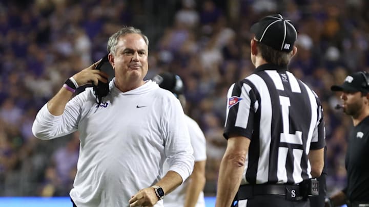 Oct 4, 2024; Fort Worth, Texas, USA; TCU Horned Frogs head coach Sonny Dykes talks to an official during a timeout in the game against the Houston Cougars at Amon G. Carter Stadium. Mandatory Credit: Tim Heitman-Imagn Images