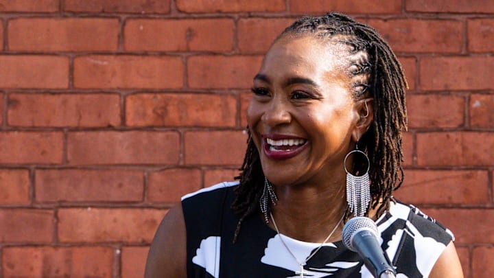 Indiana Fever legend Tamika Catchings gives a speech Wednesday, July 16, 2025, during the ribbon-cutting ceremony for a mural of Catchings in the Mass Ave neighborhood in Indianapolis. Muralist Nate Baranowski and apprentice Brooke McGee worked on the mural that portrays Catchings’ impact in Indianapolis. Indiana Fever legend Tamika Catchings gives a speech Wednesday, July 16, 2025, during the ribbon-cutting ceremony for a mural of Catchings in the Mass Ave neighborhood in Indianapolis. Muralist Nate Baranowski and apprentice Brooke McGee worked on the mural that portrays Catchings’ impact in Indianapolis.