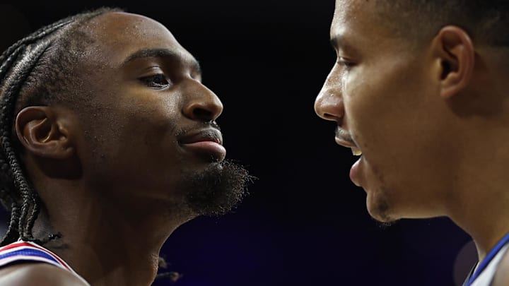 Oct 27, 2025; Philadelphia, Pennsylvania, USA; Philadelphia 76ers guard Tyrese Maxey (0) and Orlando Magic guard Desmond Bane (3) have words during the third quarter at Xfinity Mobile Arena. Mandatory Credit: Bill Streicher-Imagn Images Oct 27, 2025; Philadelphia, Pennsylvania, USA; Philadelphia 76ers guard Tyrese Maxey (0) and Orlando Magic guard Desmond Bane (3) have words during the third quarter at Xfinity Mobile Arena. Mandatory Credit: Bill Streicher-Imagn Images