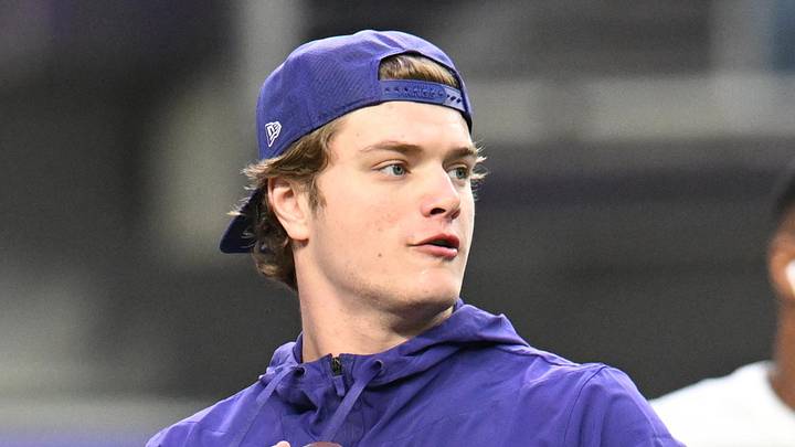 Jan 4, 2026; Minneapolis, Minnesota, USA; Minnesota Vikings quarterback J.J. McCarthy (9) warms up prior to the game against the Green Bay Packers at U.S. Bank Stadium. Mandatory Credit: Jeffrey Becker-Imagn Images