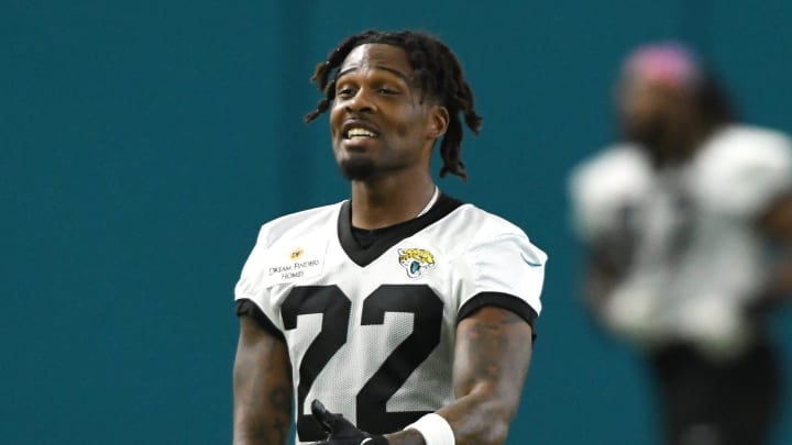 Jacksonville Jaguars cornerback Jarrian Jones (22) jokes with teammates during drills at Monday's mandatory minicamp session. The Jacksonville Jaguars let most of the veterans off from participating in Monday's mandatory minicamp session held in the air conditioned enclosed field at EverBank Stadium's Miller Electric Center in Jacksonville, Fla. June 10, 2024. Jacksonville Jaguars cornerback Jarrian Jones (22) jokes with teammates during drills at Monday's mandatory minicamp session. The Jacksonville Jaguars let most of the veterans off from participating in Monday's mandatory minicamp session held in the air conditioned enclosed field at EverBank Stadium's Miller Electric Center in Jacksonville, Fla. June 10, 2024.